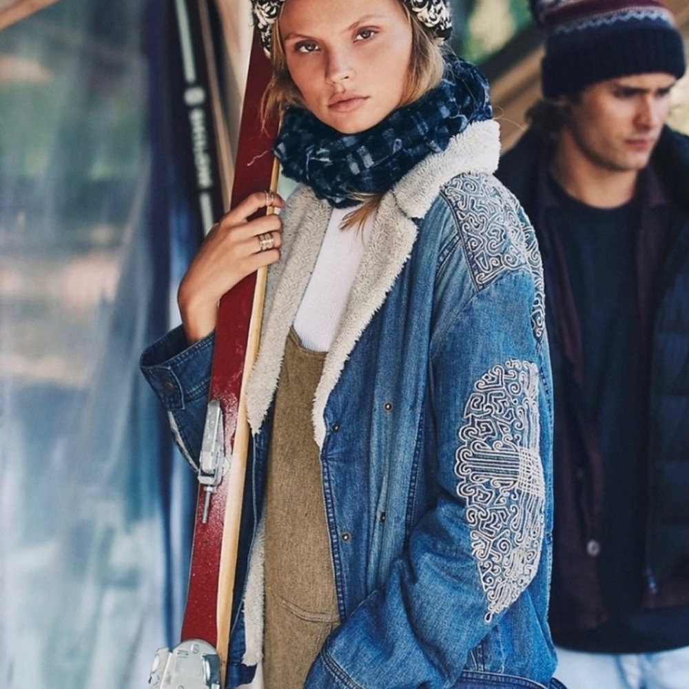 FREE PEOPLE DENIM SHERPA EMBROIDERED JACKET